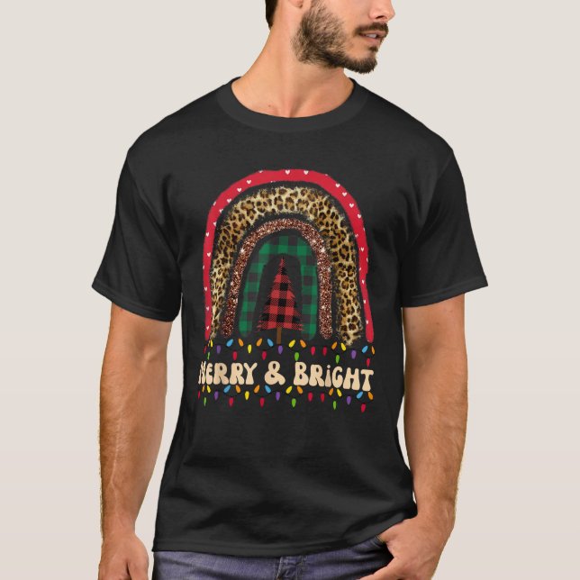 Merry and Bright Rainbow with Christmas Tree Plaid T-Shirt (Front)