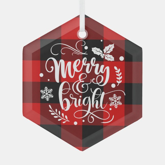 Merry and Bright Red and Black Buffalo Plaid Glass Ornament (Front)