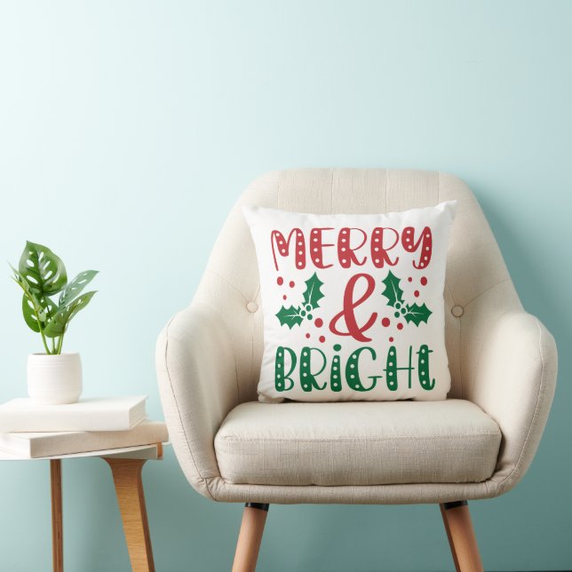 Merry and Bright Red and Green Holly Christmas  Throw Pillow (Chair)