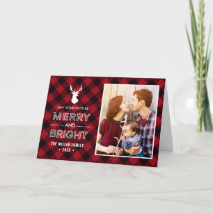 Merry and Bright Red Buffalo Check Plaid Photo Holiday Card