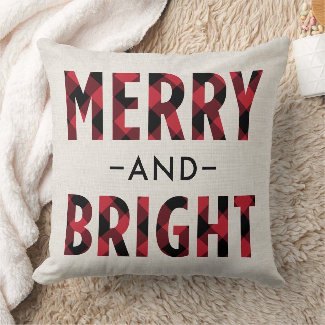 Merry and Bright Red Buffalo Plaid Holiday Throw Pillow (Blanket)