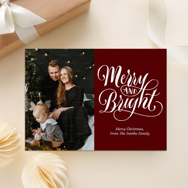 Merry and Bright Red Calligraphy Modern Photo Holiday Card (Creator Uploaded)