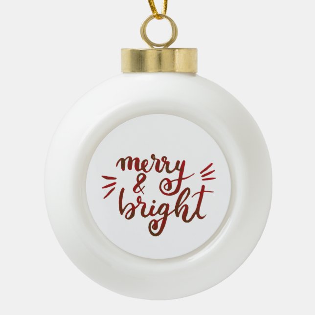 Merry and bright - red ceramic ball christmas ornament (Front)