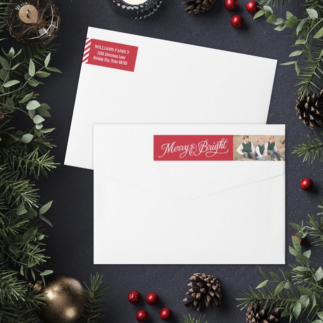 Merry and Bright Red Custom Photo Return Address Wrap Around Label (Creator Uploaded)