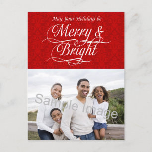 Merry and Bright, Red Damask Holiday Postcard
