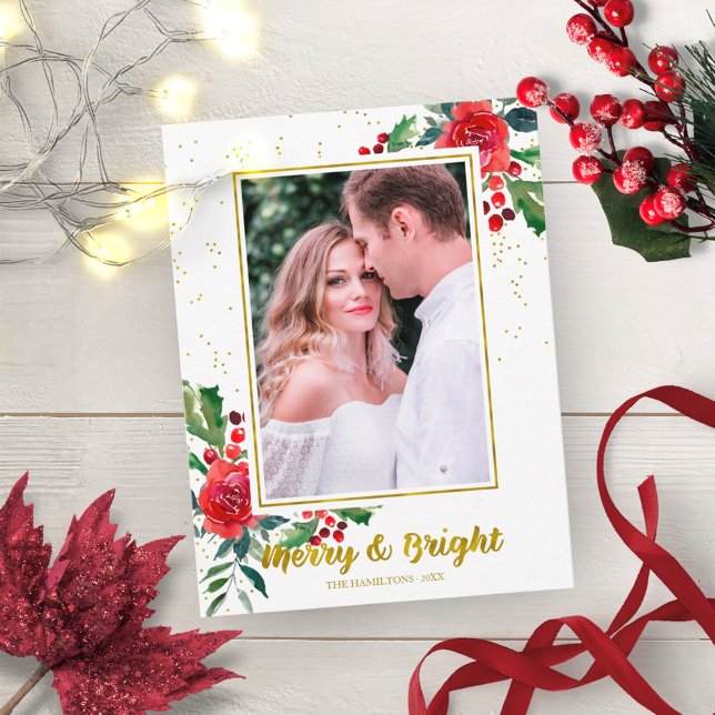 Merry And Bright Red Flowers Christmas Photo Postcard (Creator Uploaded)