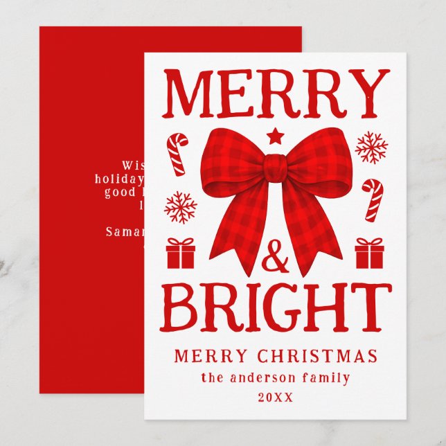 Merry and Bright Red Gingham Bow Christmas Holiday Card (Front/Back)