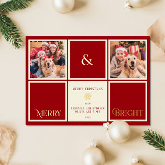 Merry And Bright Red Gold Foil 2 Photo  Foil Holiday Card