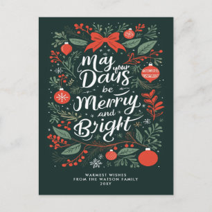 Merry and Bright Red Green Christmas Holiday Postcard