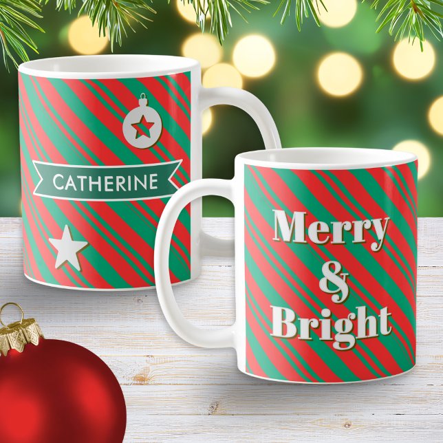 Merry and Bright Red Green Stripes Personalized Coffee Mug (A personalized mug with red and green candy stripes pattern, with 'Merry & Bright' caption)