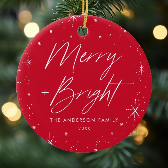 Merry and Bright Red Holiday Photo Ceramic Ornament (Creator Uploaded)