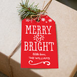 Merry and Bright Red Personalized Holiday Gift Tags<br><div class="desc">Festive "Merry & Bright" themed Christmas gift tag cards feature a two-sided custom design with border of white stars and snowflakes that you can personalize. Red background colour can be customized.</div>