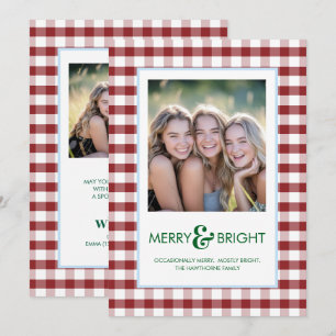 Merry and Bright Red Plaid Funny Holiday Card