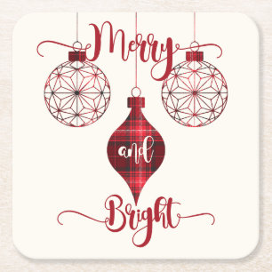 Merry and Bright Red Plaid Ornament Square Paper Coaster