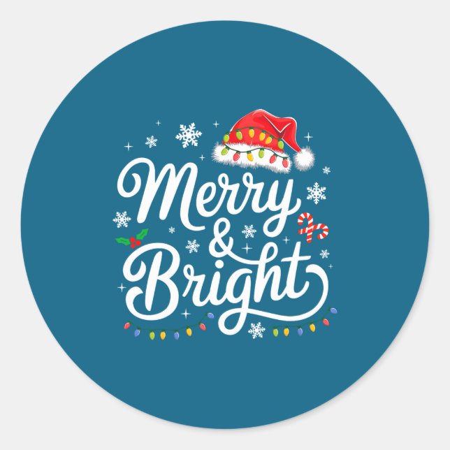Merry And Bright Red Santa Hat Xmas Lights Holiday Classic Round Sticker (Front)