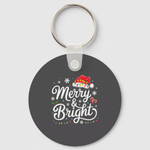 Merry And Bright Red Santa Hat Xmas Lights Holiday Keychain