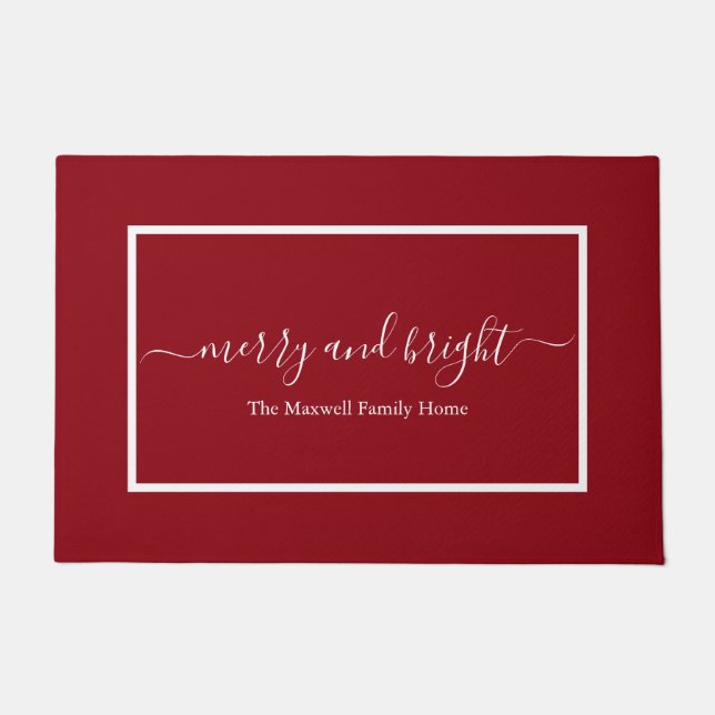 Merry and bright red script family name  doormat (Front)