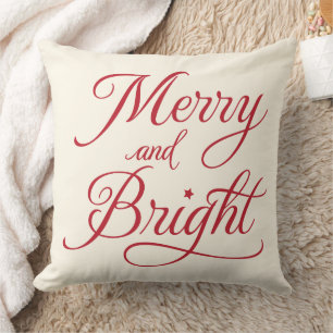 Merry and Bright Red Script Holiday Throw Pillow
