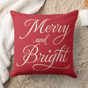 Merry and Bright Red Script Holiday Throw Pillow
