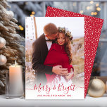 Merry and Bright Red Script One Photo Christmas Holiday Card<br><div class="desc">Elegant Modern Red Script One Photo Merry and Bright Script Holiday Card. This festive minimalist simple whimsical 1 photo holiday greeting card template features „Merry and Bright” greeting text which is written in a beautiful hand lettered swirly swash-tail font calligraphy red script photo overlay. On the reverse side snowy or...</div>