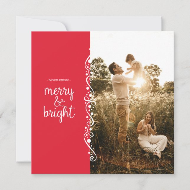 Merry and Bright Red Swirl Square Photo Card (Front)