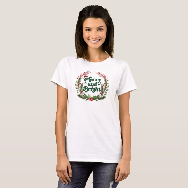 Merry and Bright Red White Green Cute Christmas  T-Shirt (Front Full)