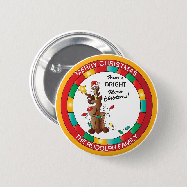 Merry and Bright Reindeer and Christmas Mouse 2 Inch Round Button (Front & Back)