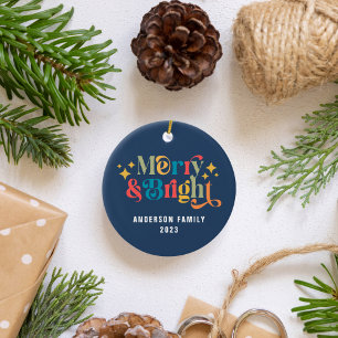 Merry and Bright Retro Colorful Family Ceramic Ornament