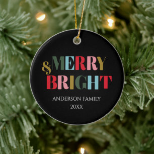 Merry and Bright Retro Colourful Family Ceramic Ornament
