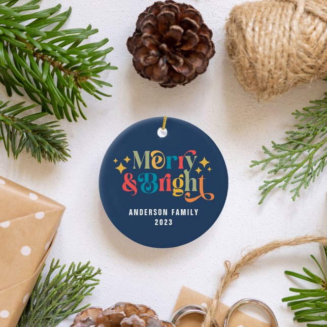 Merry and Bright Retro Colourful Family Ceramic Ornament (Creator Uploaded)