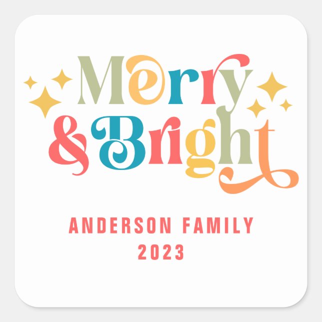 Merry and Bright Retro Colourful Family Square Sticker (Front)