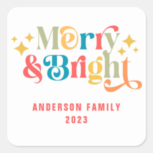 Merry and Bright Retro Colourful Family Square Sticker