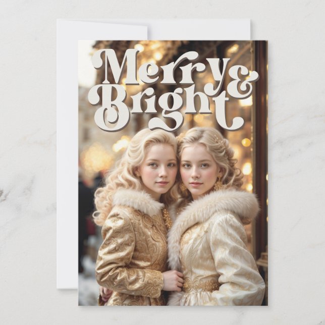Merry And Bright Retro Photo Christmas Holiday Card (Front)