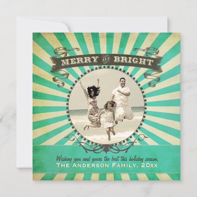 Merry and Bright Retro Photo Holiday Card - Blue (Front)