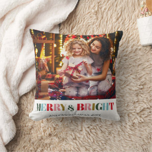 Merry and Bright Retro white Family Photo Ceramic  Throw Pillow