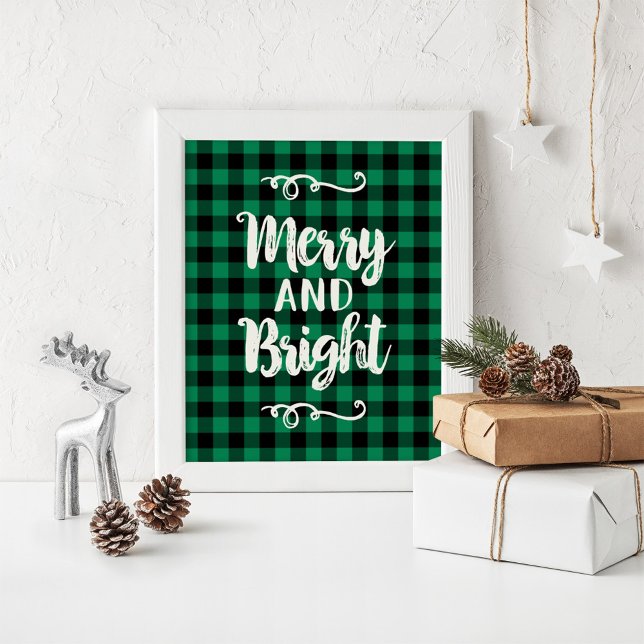 Merry and Bright Rustic Green Plaid Holiday Wall Poster (Creator Uploaded)