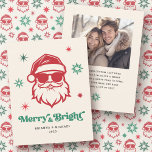 Merry and bright Santa in sunglasses retro stars Holiday Card<br><div class="desc">Christmas holiday photo greeting card featuring a cool Santa wearing sunglasses and the text "Merry and Bright" in a fun,  retro font. Red and green shades on a light cream background. Custom photo and message on the back. Colours can be customized in the design tool.</div>