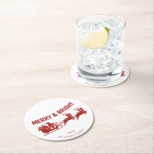 Merry and Bright Santa Sleigh Christmas  Round Paper Coaster