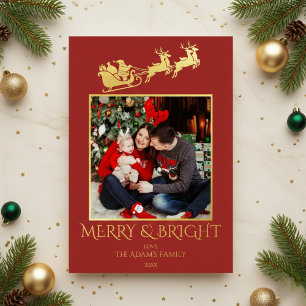 Merry and Bright Santa Sleigh Family Photo Foil Holiday Card