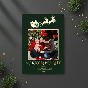 Merry and Bright Santa Sleigh Family Photo  Foil Holiday Card