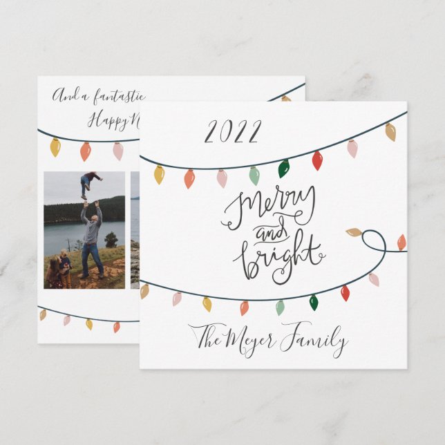 Merry and Bright Script Christmas Lights 3 Photo Holiday Card (Front/Back)
