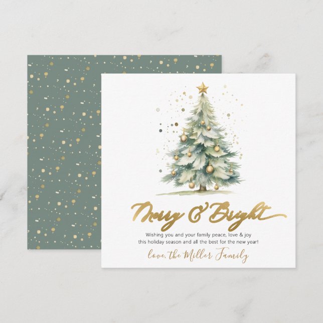 Merry and Bright Script Christmas Tree Non Photo Holiday Card (Front/Back)