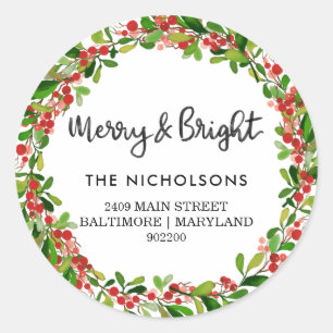 Merry And Bright Script   Holiday Return Address C Classic Round Sticker