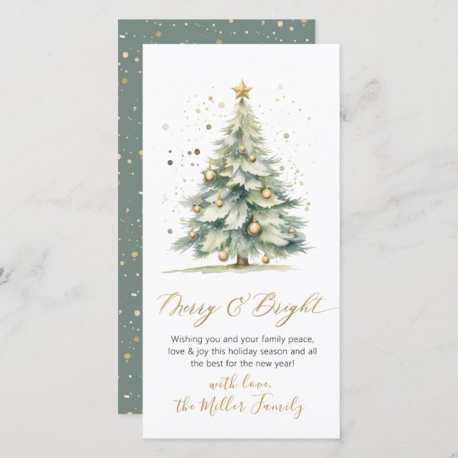 Merry and Bright Script Non Photo Christmas Tree Holiday Card (Front/Back)