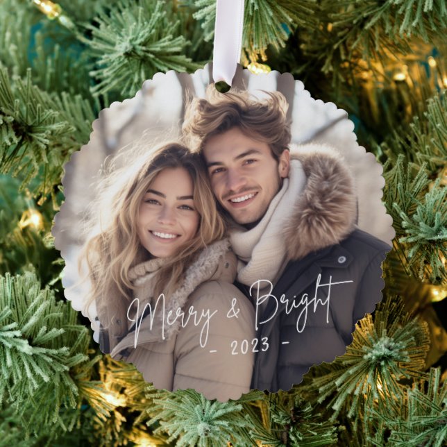 Merry and bright script photo light green ornament card (Insitu (Tree))