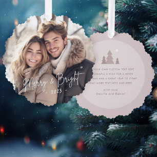 Merry and bright script photo light rose taupe ornament card