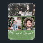 Merry and Bright Script Snow Overlay Photo Collage Magnet<br><div class="desc">Merry and Bright Script Snow Overlay Photo Collage in White & Greenery - Add your 3 custom photographs and personalized family name, year, and custom greeting. Arranged in an elegant grid layout with trendy brush lettered font. A modern and sleek design displays 3 of your own pictures beautifully. Available in...</div>