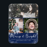 Merry and Bright Script Snow Overlay Photo Collage Magnet<br><div class="desc">Merry and Bright Script Snow Overlay Photo Collage in White & Navy Blue - Add your 3 custom photographs and personalized family name, year, and custom greeting. Arranged in an elegant grid layout with trendy brush lettered font. A modern and sleek design displays 3 of your own pictures beautifully. Available...</div>
