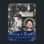Merry and Bright Script Snow Overlay Photo Collage Magnet<br><div class="desc">Merry and Bright Script Snow Overlay Photo Collage in White & Navy Blue - Add your 3 custom photographs and personalized family name, year, and custom greeting. Arranged in an elegant grid layout with trendy brush lettered font. A modern and sleek design displays 3 of your own pictures beautifully. Available...</div>