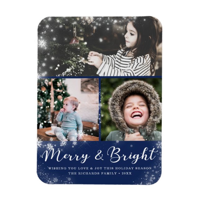 Merry and Bright Script Snow Overlay Photo Collage Magnet (Vertical)